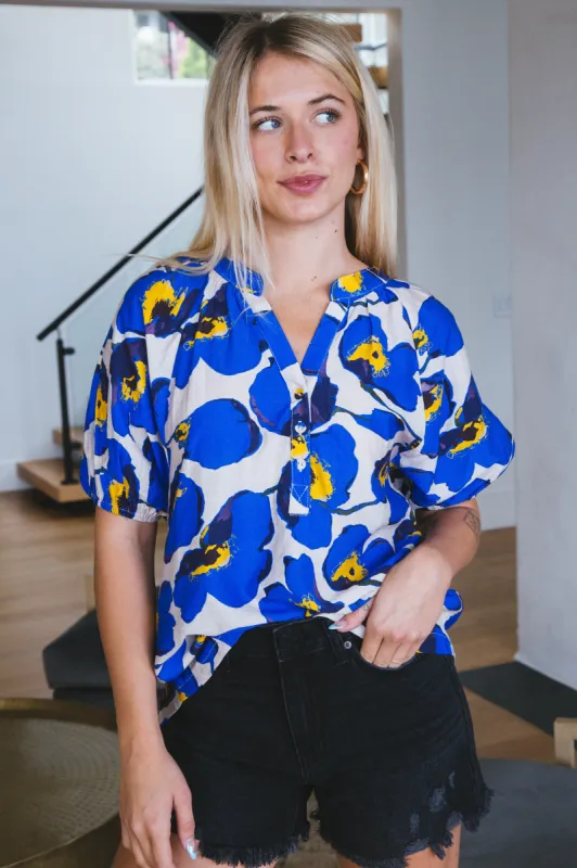 Kennedy Floral Split Neck Top, Blue Mix sold by North & Main Clothing Company