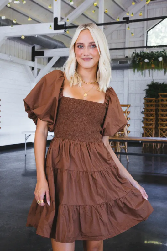 Bryllin Smocked Mini Dress, Brown sold by North & Main Clothing Company