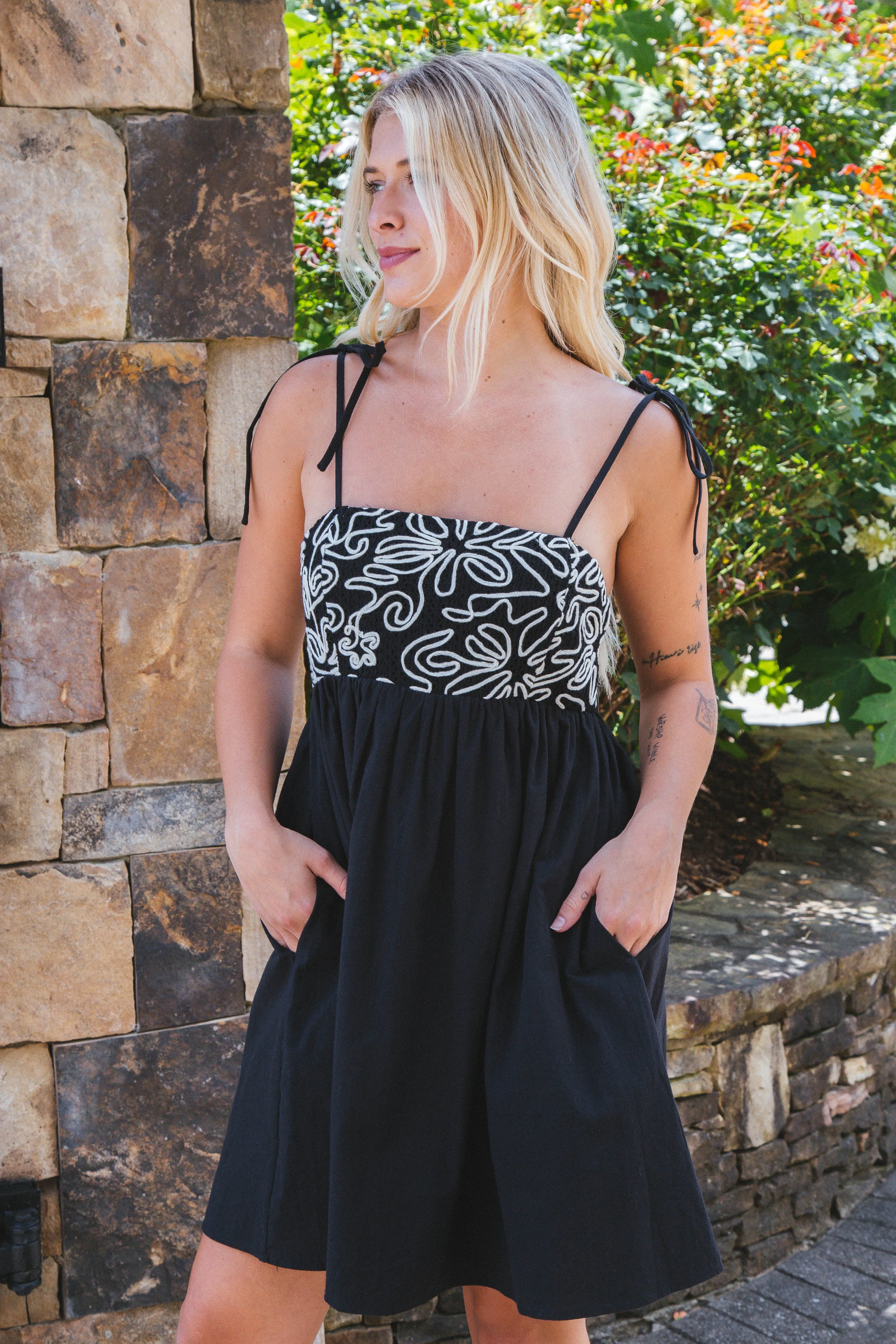 Sasha Abstract Embroidery Mini Dress, Black sold by North & Main Clothing Company product image thumbnail 4