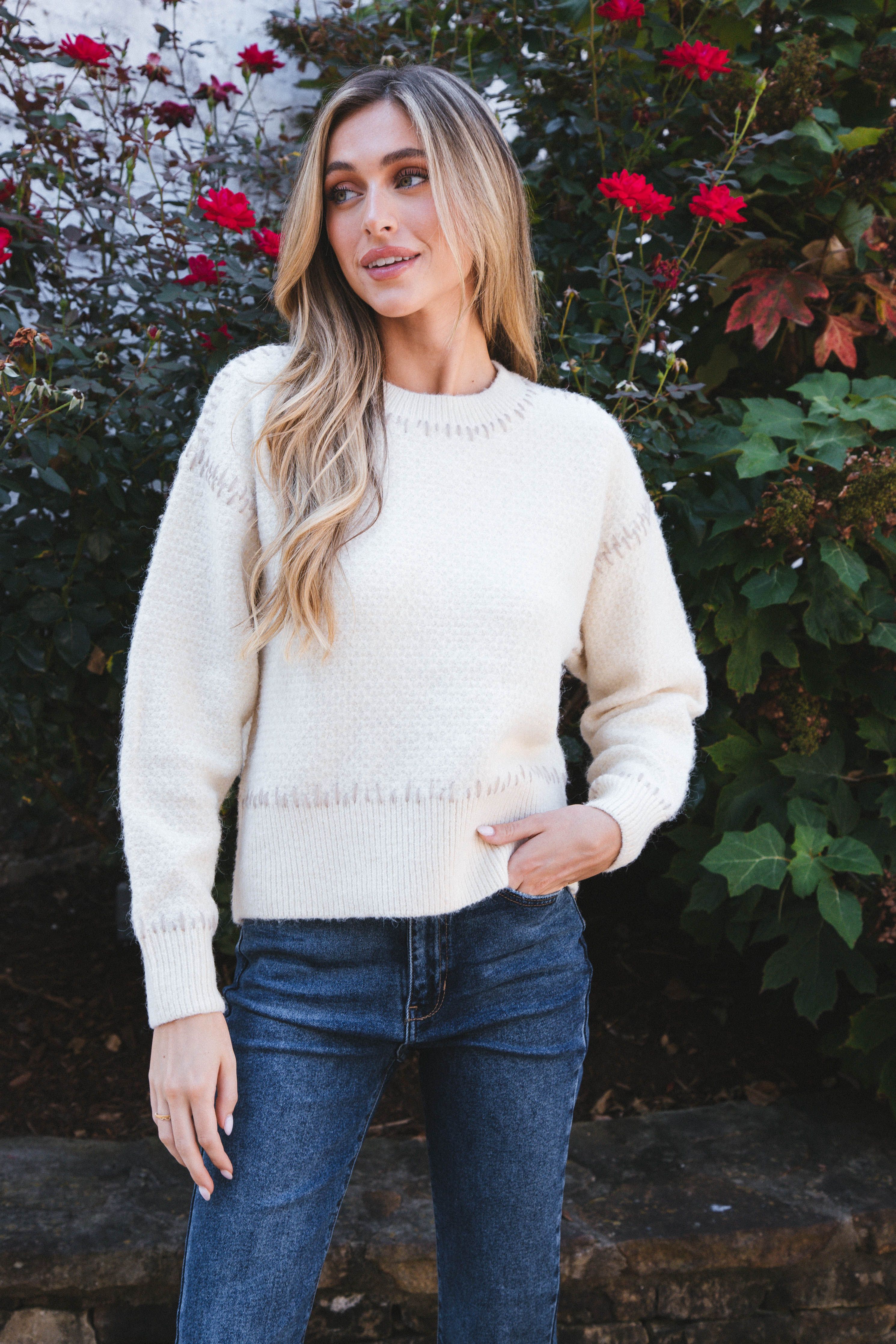 Lottie Stitch Detail Sweater, Cream Brown | RD Style sold by North & Main Clothing Company