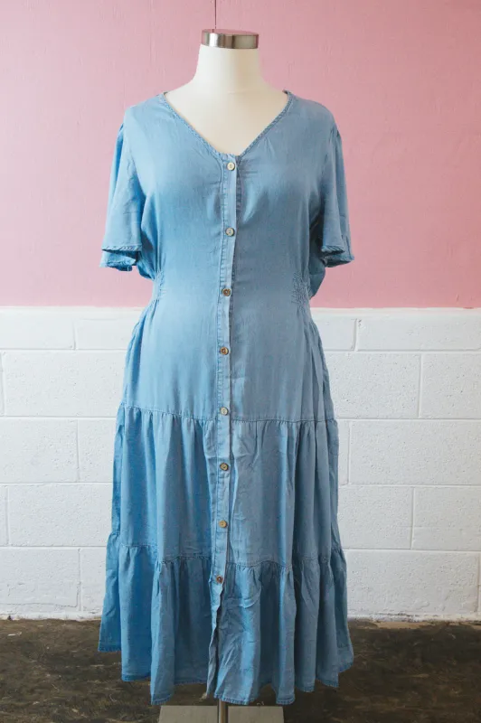 Josie Side Smocked Midi Dress, Light Denim | Plus Size sold by North & Main Clothing Company