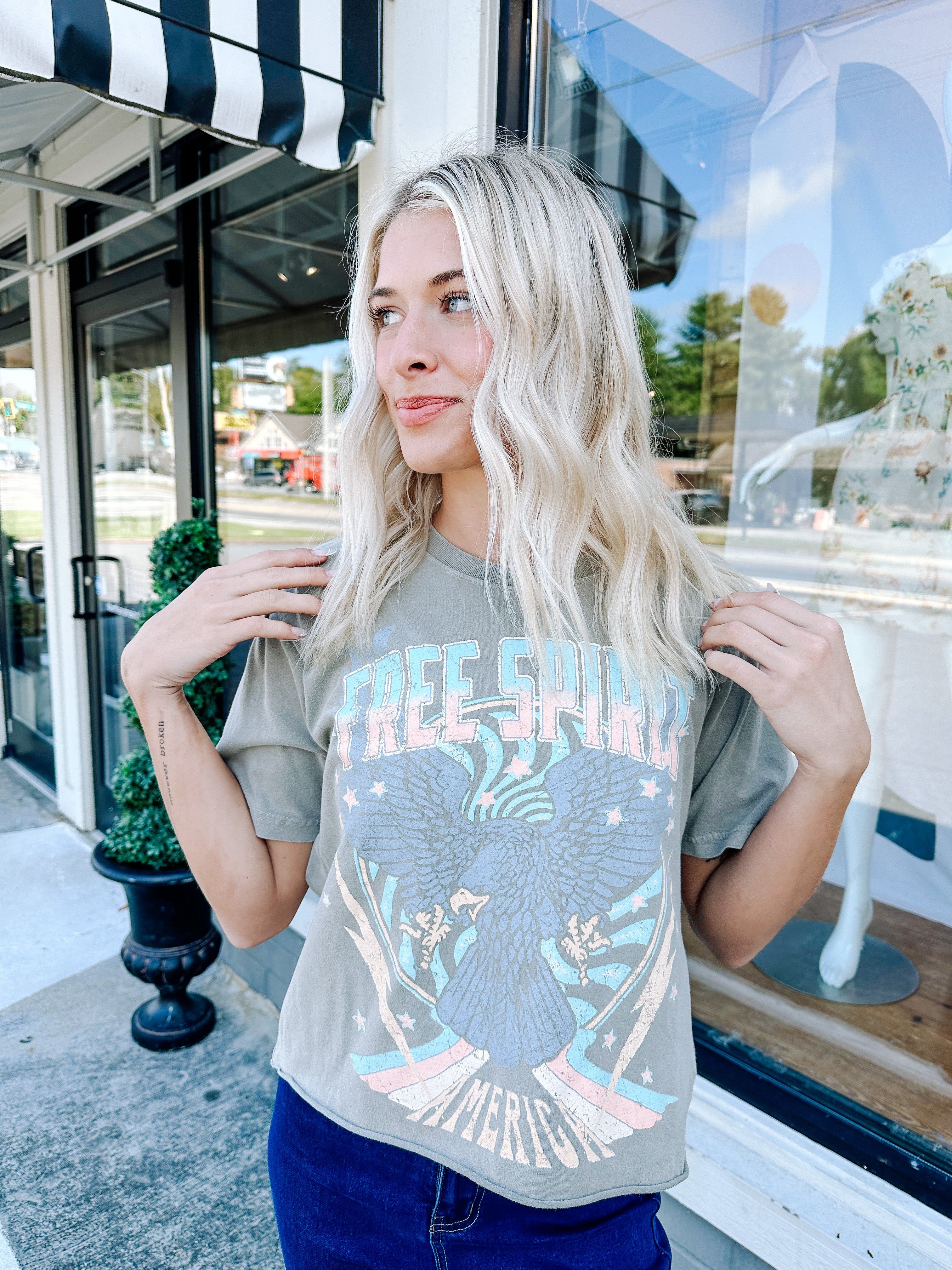 Free Spirit Cropped Graphic Tee, Mocha sold by North & Main Clothing Company