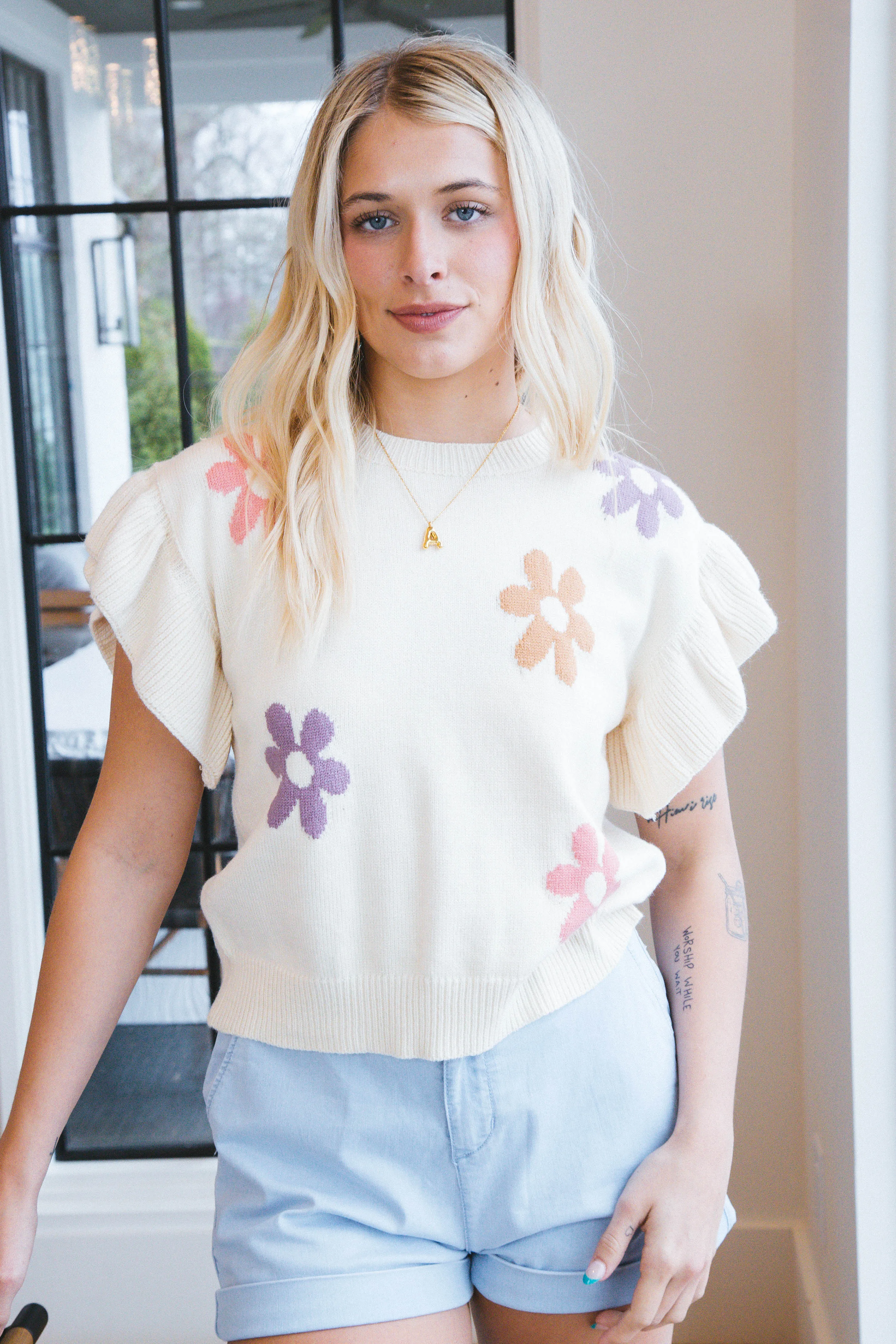 Anastasia Ruffle Sleeve Knit Top, Cream Multi sold by North & Main Clothing Company product image thumbnail 2