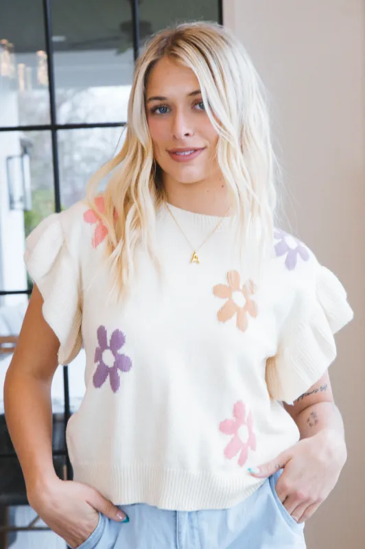 Anastasia Ruffle Sleeve Knit Top, Cream Multi sold by North & Main Clothing Company