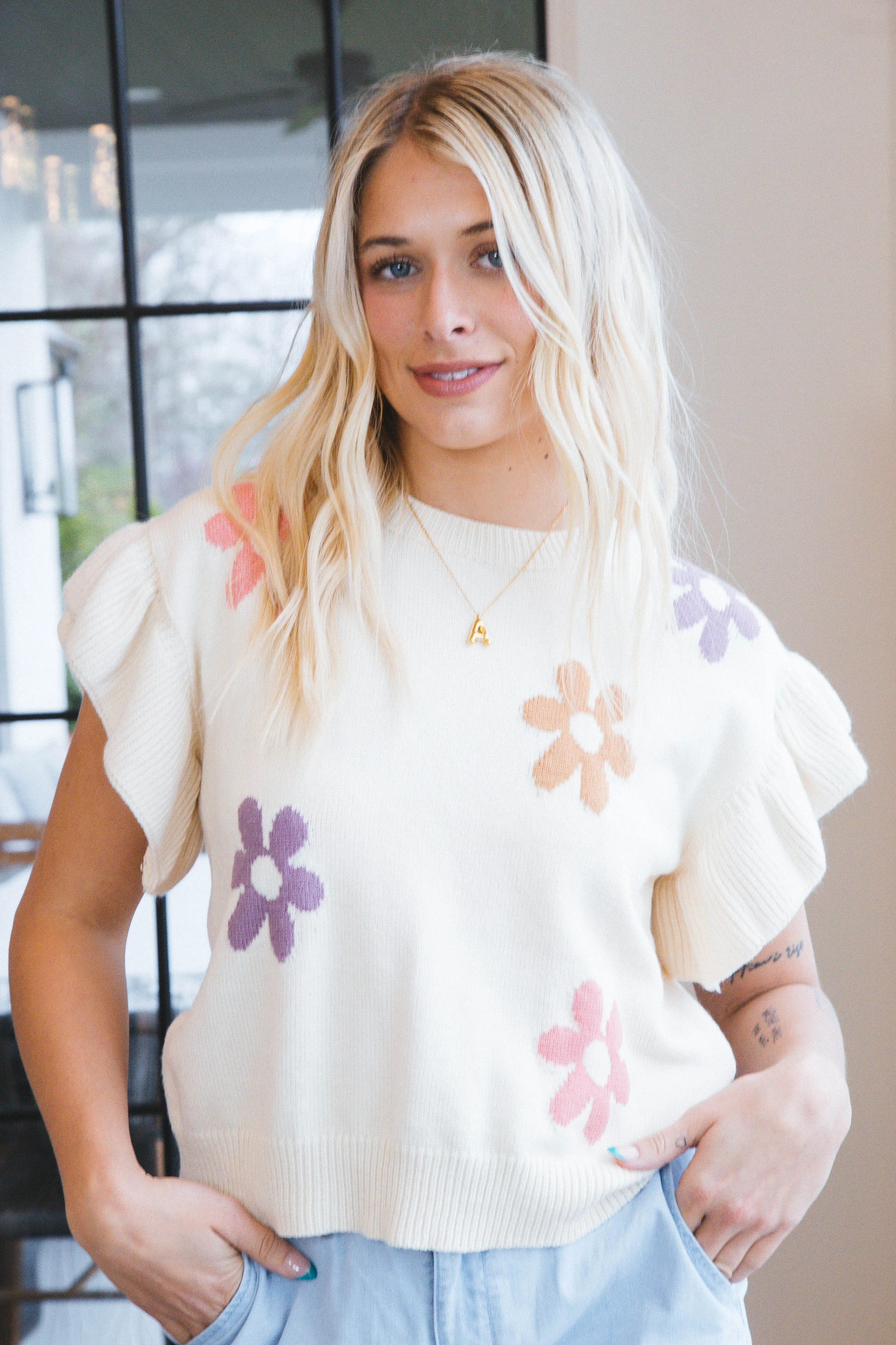 Anastasia Ruffle Sleeve Knit Top, Cream Multi sold by North & Main Clothing Company