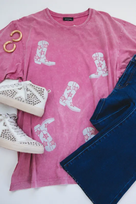 Glitter Cowboy Boots Tee, Pink sold by North & Main Clothing Company