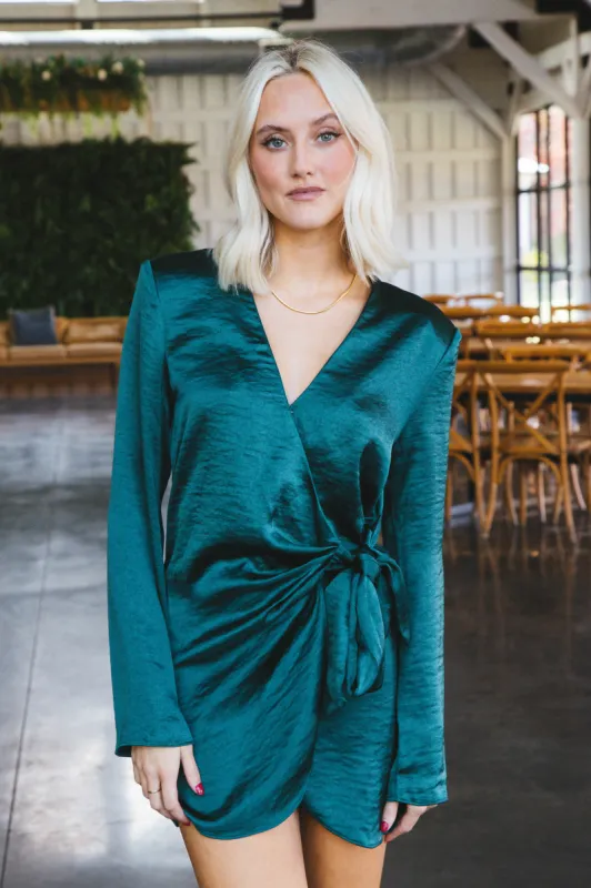 Leilani Long Sleeve Satin Wrap Dress, Hunter Green sold by North & Main Clothing Company