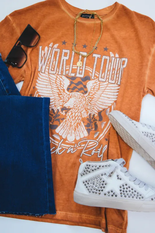 World Tour Rock 'N Roll Tee, Orange sold by North & Main Clothing Company