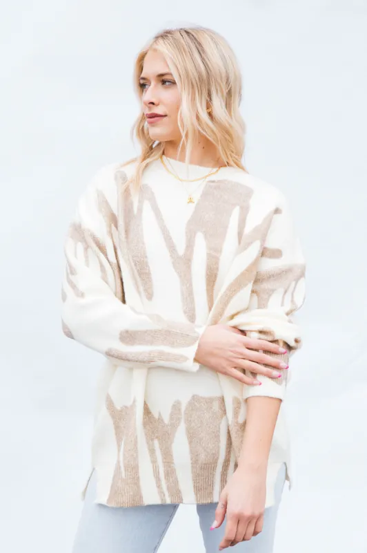Nala Crew Neck Printed Sweater, Ivory Mocha sold by North & Main Clothing Company