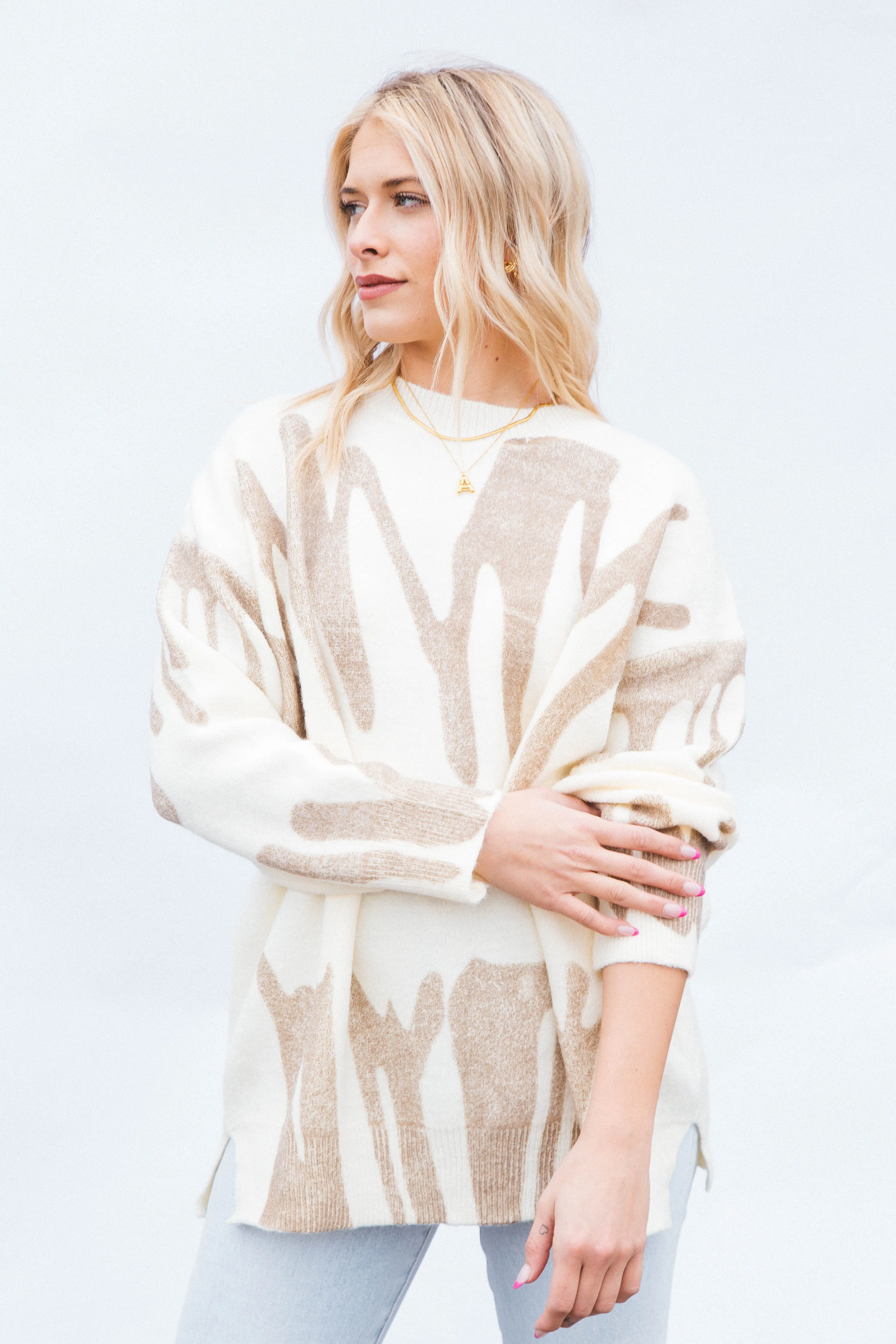 Nala Crew Neck Printed Sweater, Ivory Mocha sold by North & Main Clothing Company