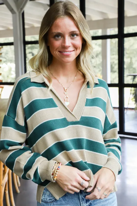 Kiley Striped Polo Sweater, Hunter Green sold by North & Main Clothing Company