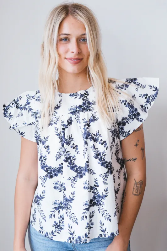 Alani Poplin Ruffle Sleeve Top, White sold by North & Main Clothing Company