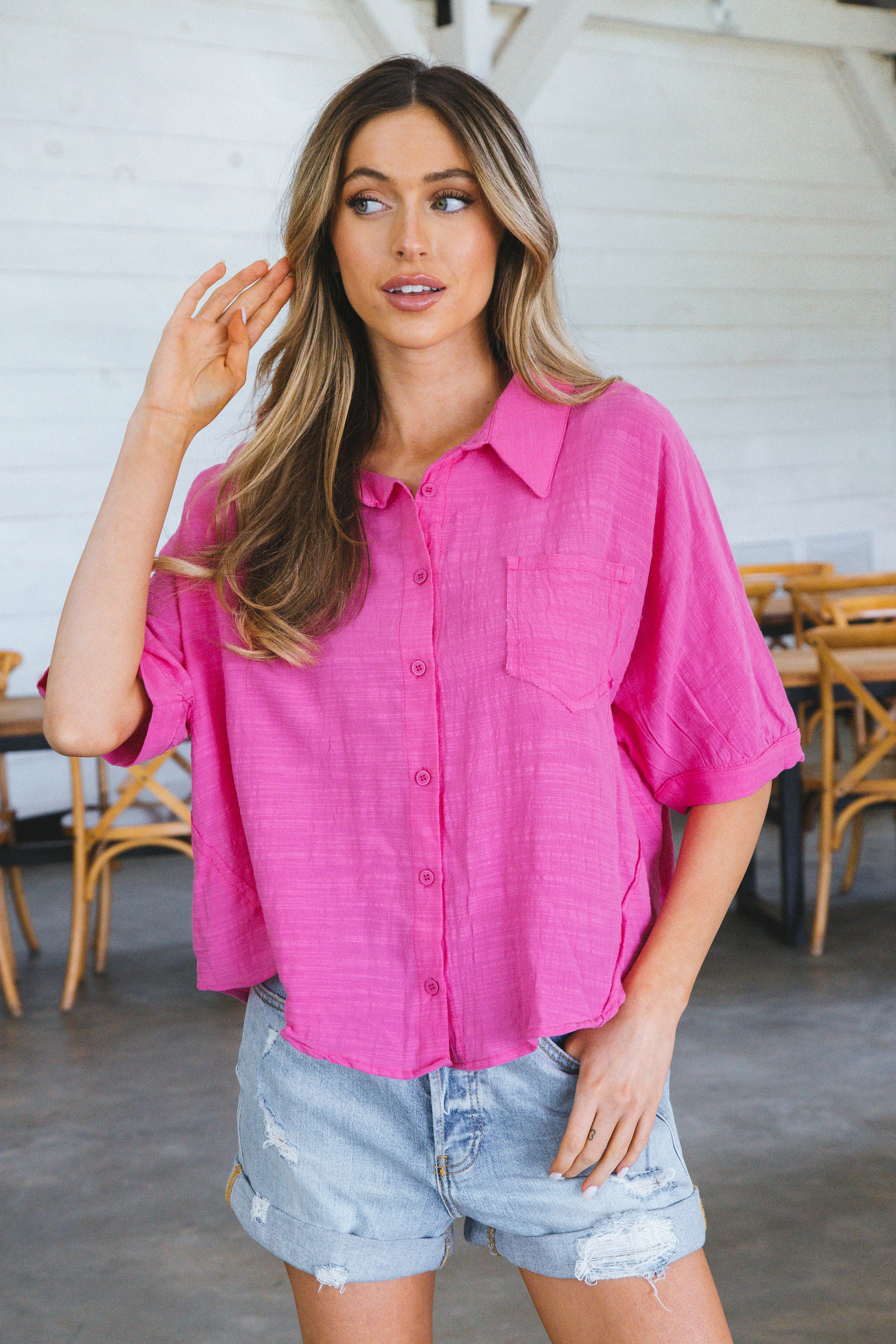Happy Half Sleeved Woven Blouse, Pink sold by North & Main Clothing Company product image thumbnail 5
