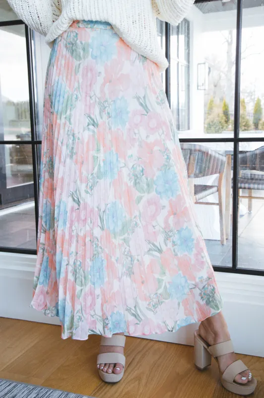 Deborah Pleated Maxi Skirt, Peach Multi sold by North & Main Clothing Company