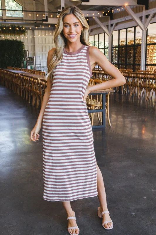 Thea Contrast Trim Maxi Dress, Clay/Birch Stripe | Sanctuary sold by North & Main Clothing Company