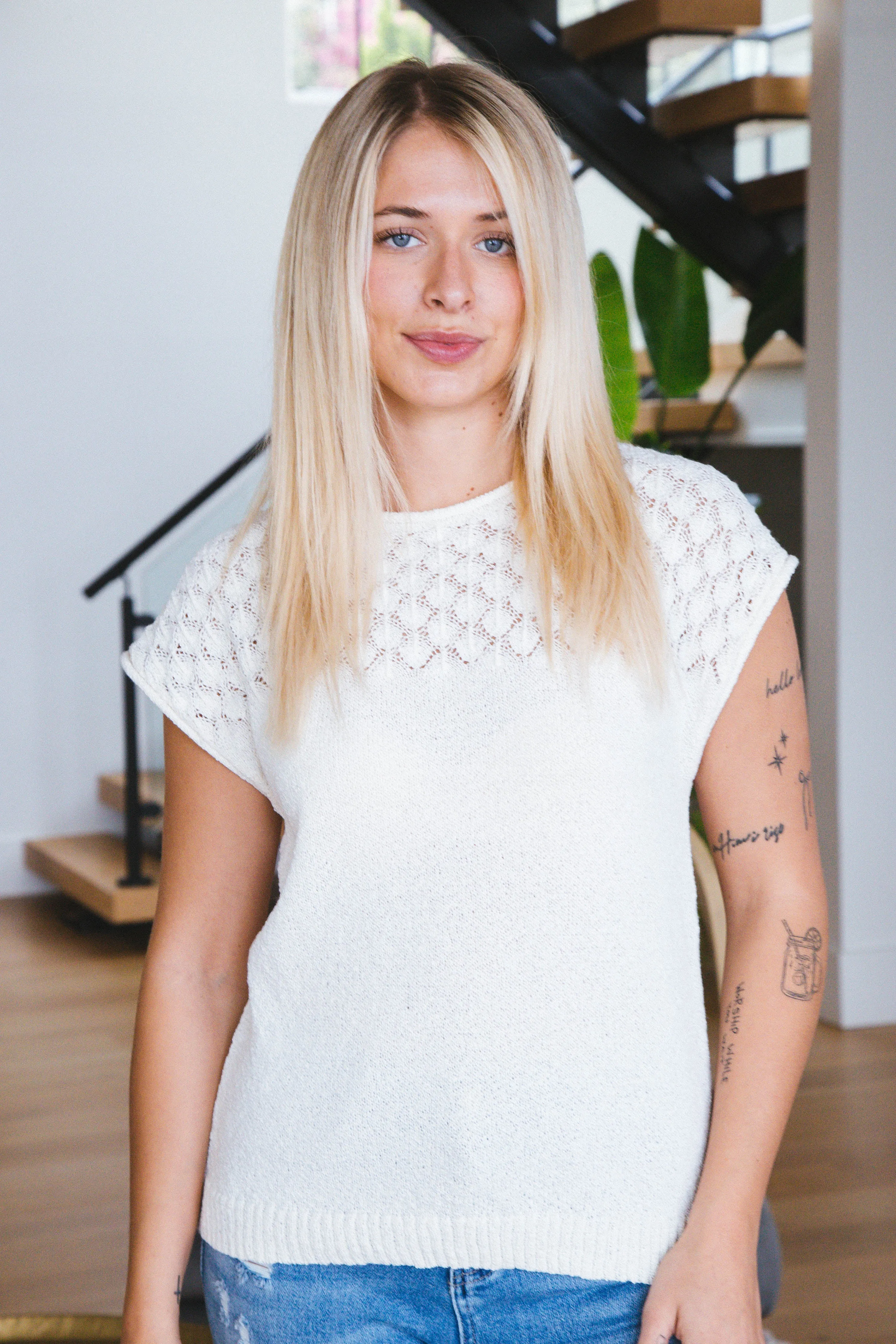 Ruby Eyelet Yoke Sweater Top, Ivory sold by North & Main Clothing Company