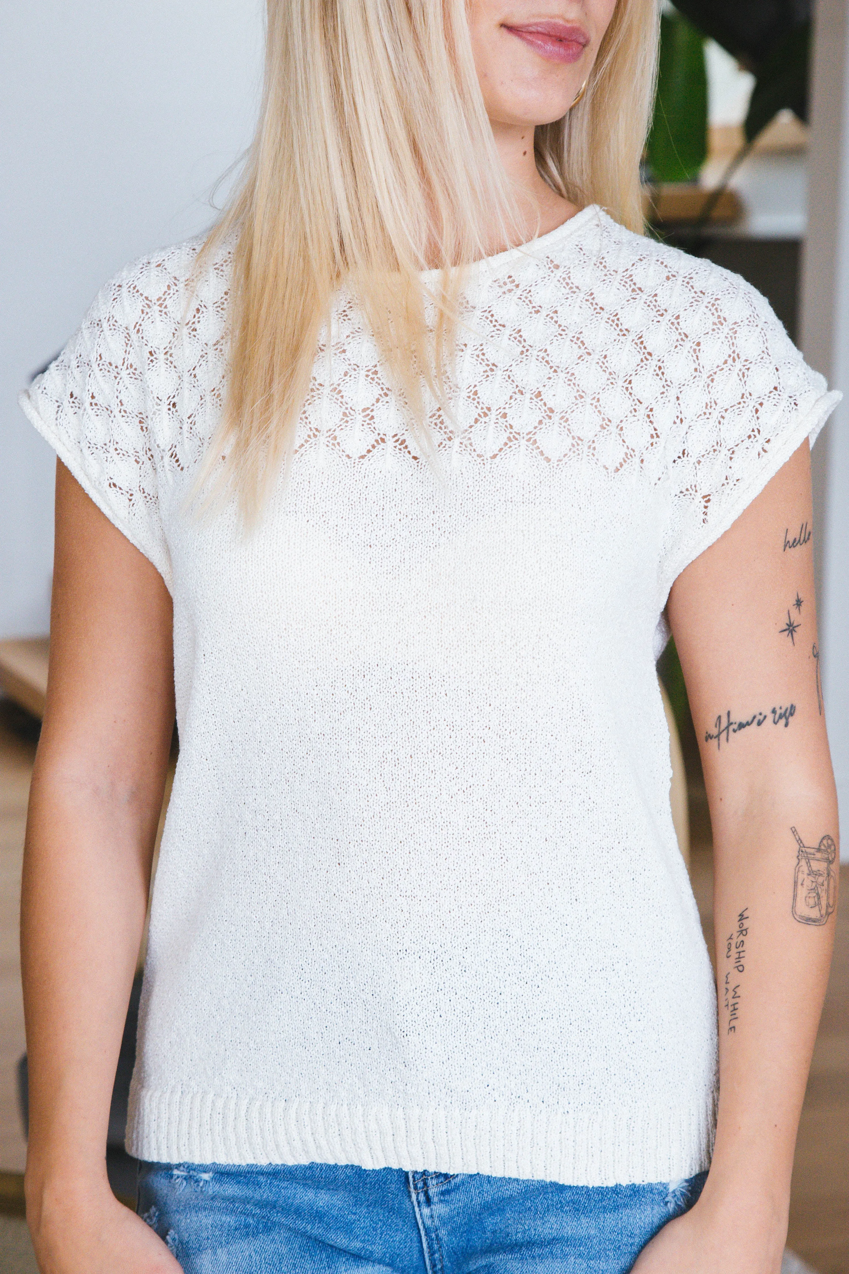 Ruby Eyelet Yoke Sweater Top, Ivory sold by North & Main Clothing Company product image thumbnail 3