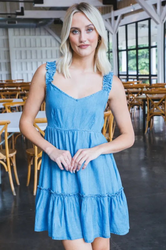 Ophelia Ruffle Hem Mini Dress, Chambray sold by North & Main Clothing Company