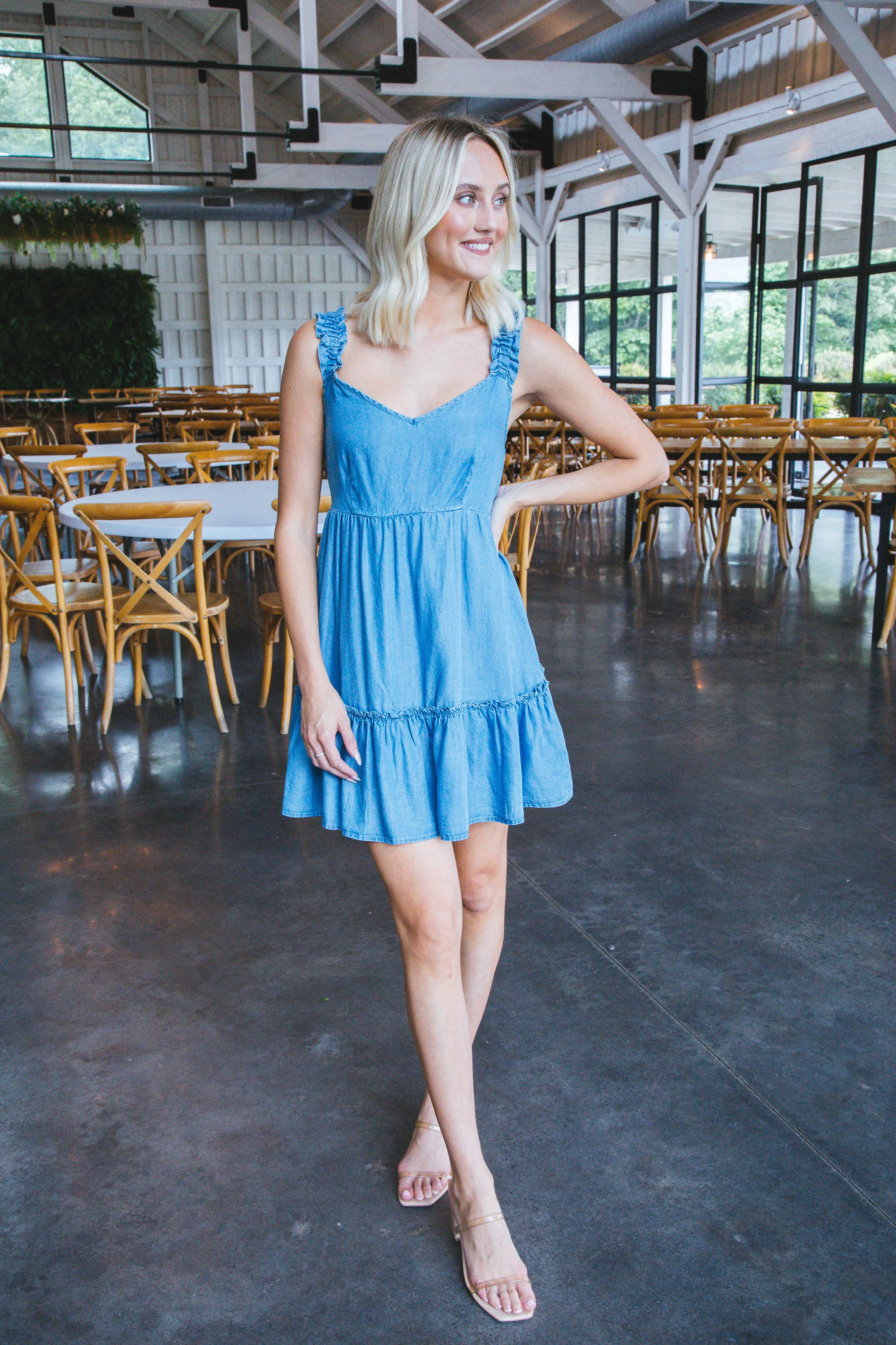 Ophelia Ruffle Hem Mini Dress, Chambray sold by North & Main Clothing Company product image thumbnail 3