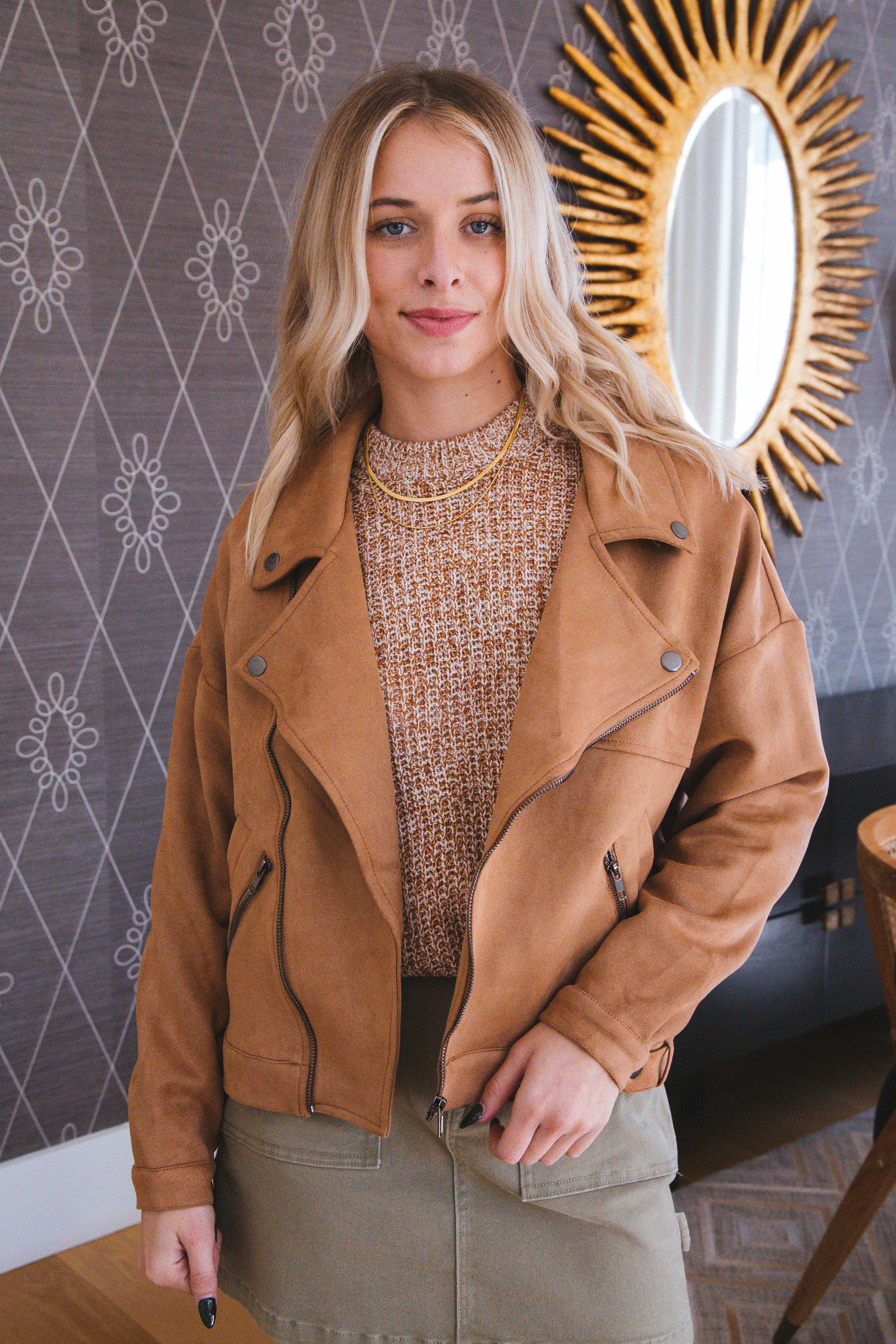 Veda Faux Suede Moto Jacket, Camel sold by North & Main Clothing Company