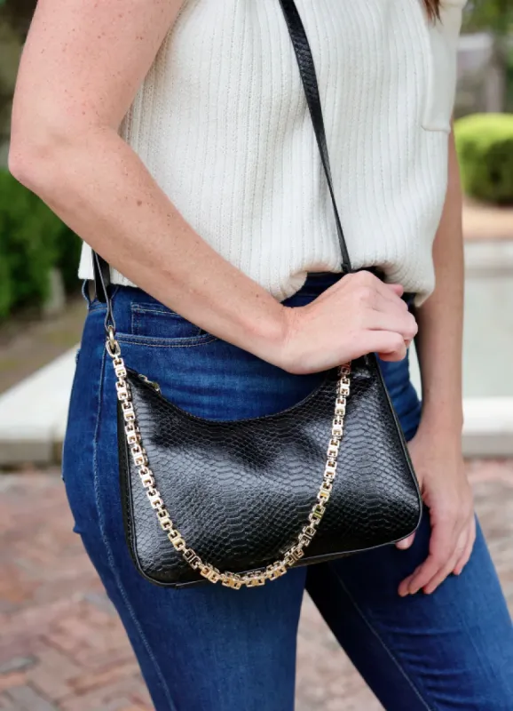 Billie Embossed Faux Leather Chain Bag, Black sold by North & Main Clothing Company