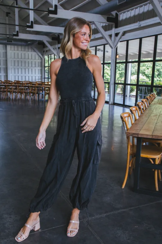 Oakley Elastic Waist Cargo Jumpsuit, Black sold by North & Main Clothing Company
