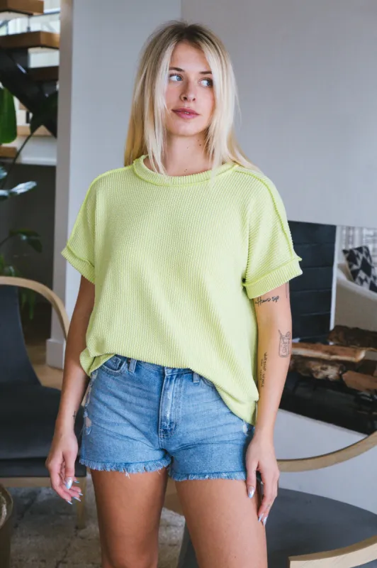 Peyton Ribbed Crew Neck Top, Lime sold by North & Main Clothing Company