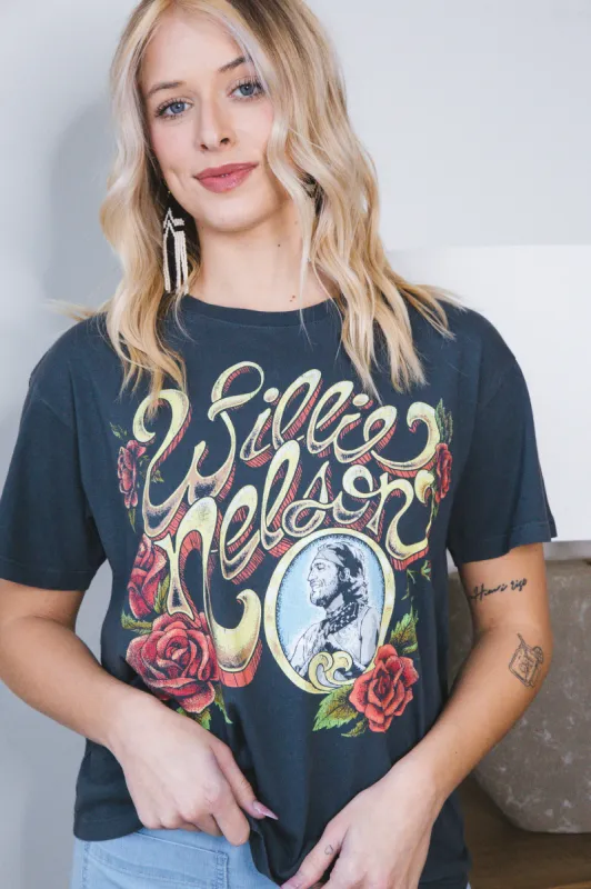 Willie Nelson Rose Frame Boyfriend Tee, Vintage Black | Daydreamer sold by North & Main Clothing Company