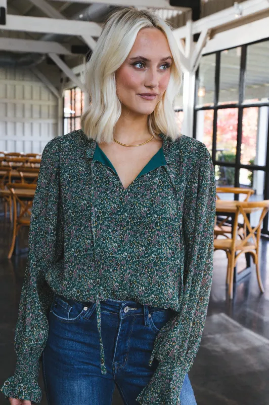 Mariam Textured & Printed Tie Neck Top, Hunter Green sold by North & Main Clothing Company