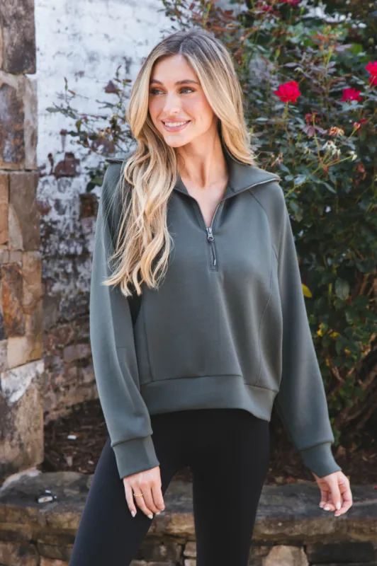Airessentials Half Zip, Dark Palm | Spanx sold by North & Main Clothing Company