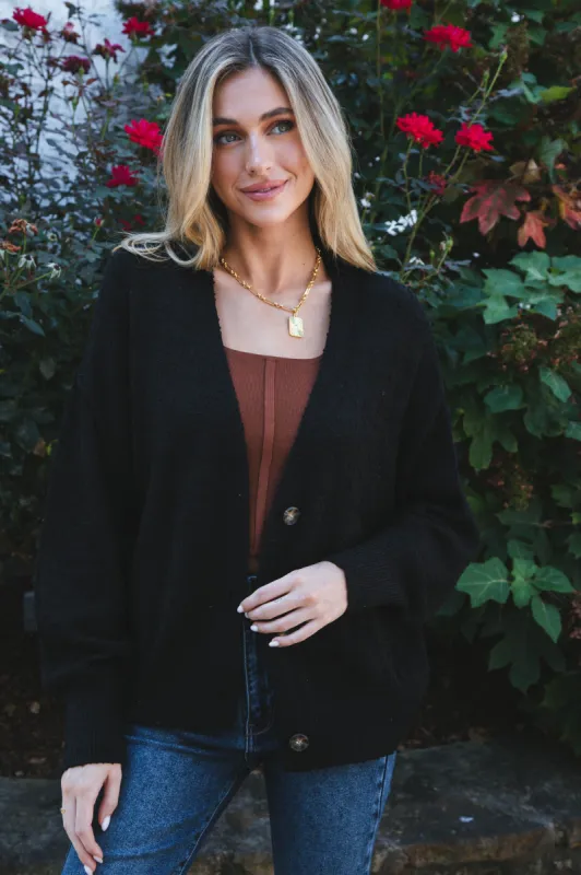 Clara Button Front Cardigan, Black sold by North & Main Clothing Company