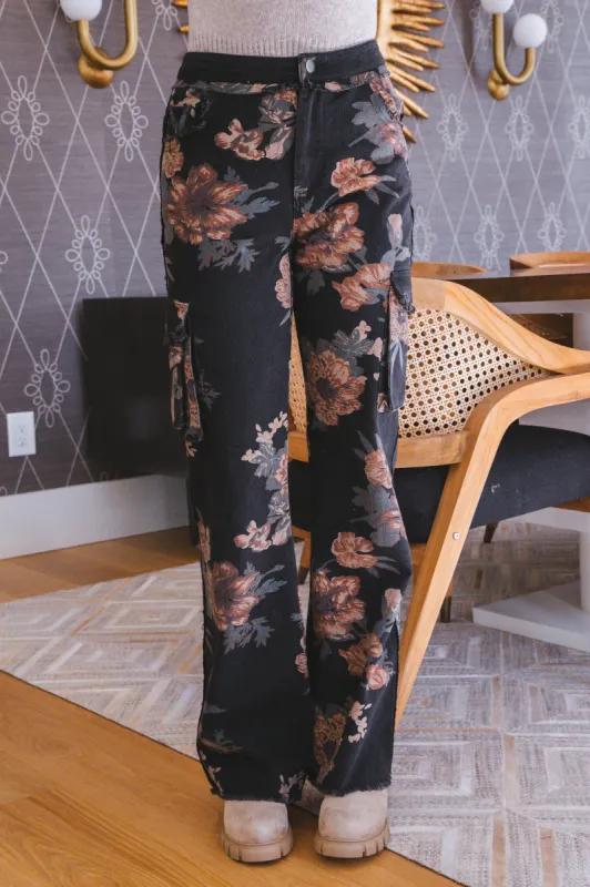 Journi Floral Denim Cargo Pants, Black Multi sold by North & Main Clothing Company