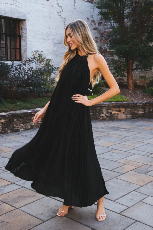 Polly Pleated Long Dress, Black sold by North & Main Clothing Company