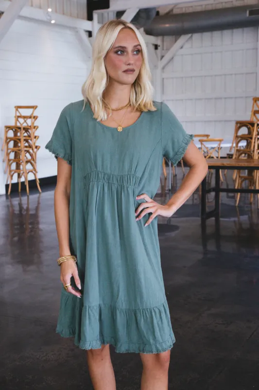 Adrift Linen Frayed Hem Dress, Lagoon sold by North & Main Clothing Company