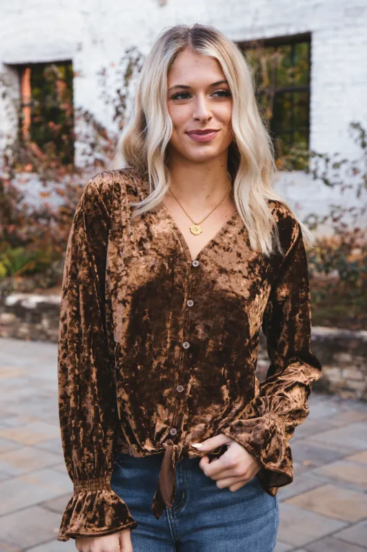 Hannah Crushed Velvet Long Sleeve Tie Top, Burnout | Velvet Heart sold by North & Main Clothing Company