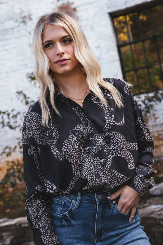 Printed Leopard Button Up Shirt, Black sold by North & Main Clothing Company