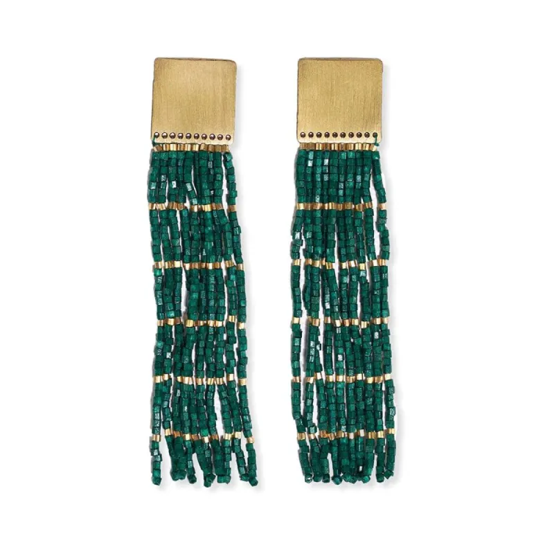 Harlow Brass Gold Stripe Beaded Fringe Earrings, Emerald | Ink + Alloy sold by North & Main Clothing Company