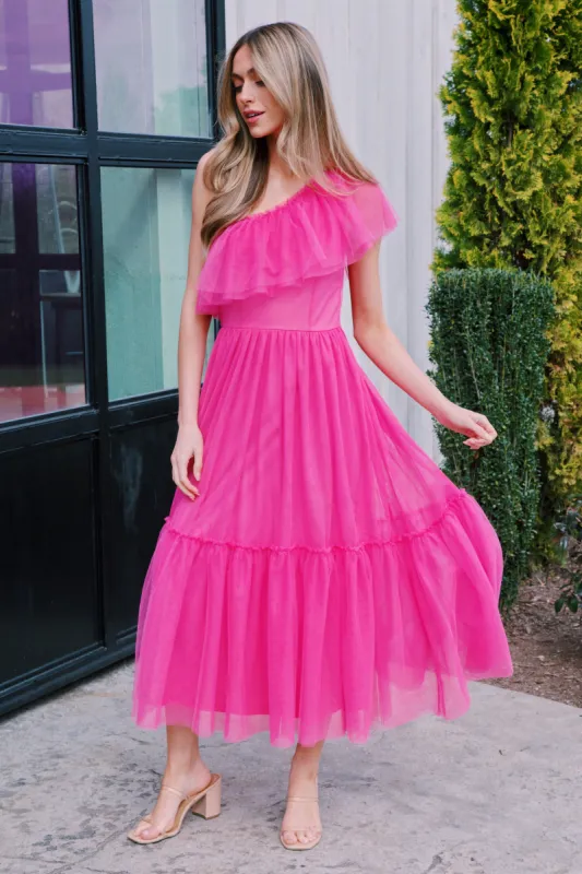 Vivienne One Shoulder Midi Dress, Fuchsia sold by North & Main Clothing Company