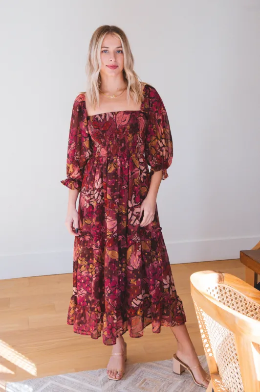 Maggie Chiffon Midi Dress, Wine Multi sold by North & Main Clothing Company