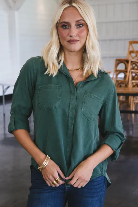 Riley Roll Tab Sleeve Shirt, Dark Green | Velvet Heart sold by North & Main Clothing Company