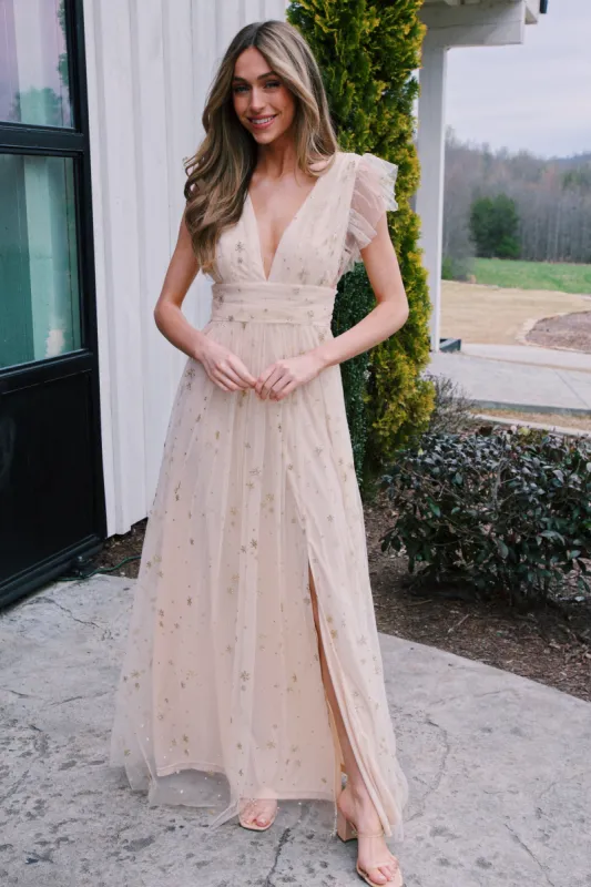 Isadora Glitter Maxi Dress, Gold sold by North & Main Clothing Company