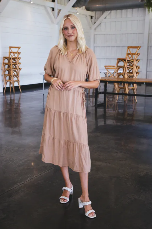 Cassie Tencel Tiered Midi Dress, Camel | Velvet Heart sold by North & Main Clothing Company