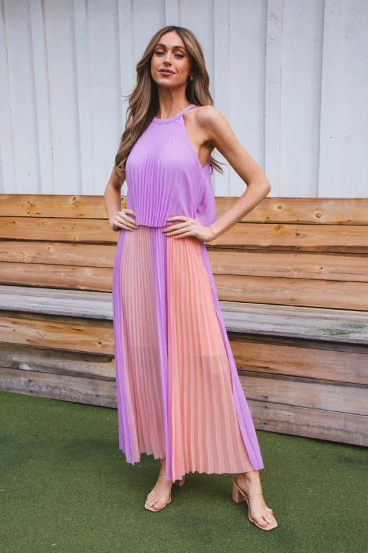 Belinda Pleated Color Block Maxi Dress, Lavender/Coral sold by North & Main Clothing Company