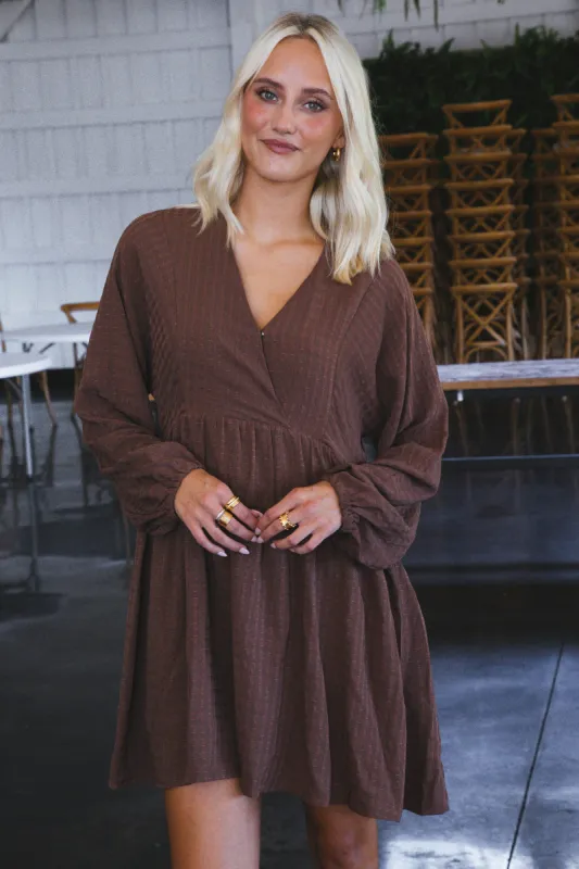 Leah Long Sleeve Tiered Tie Back Dress, Chocolate sold by North & Main Clothing Company