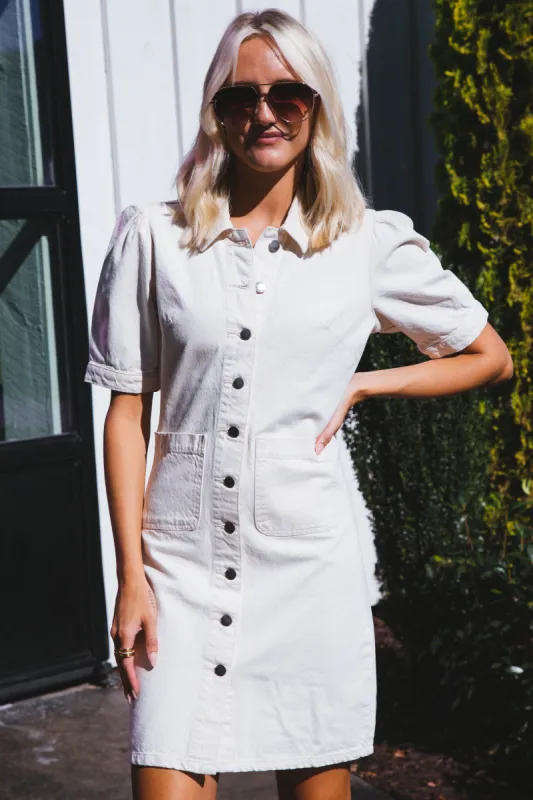 Romina Button Up Denim Dress, Ecru | Velvet Heart sold by North & Main Clothing Company