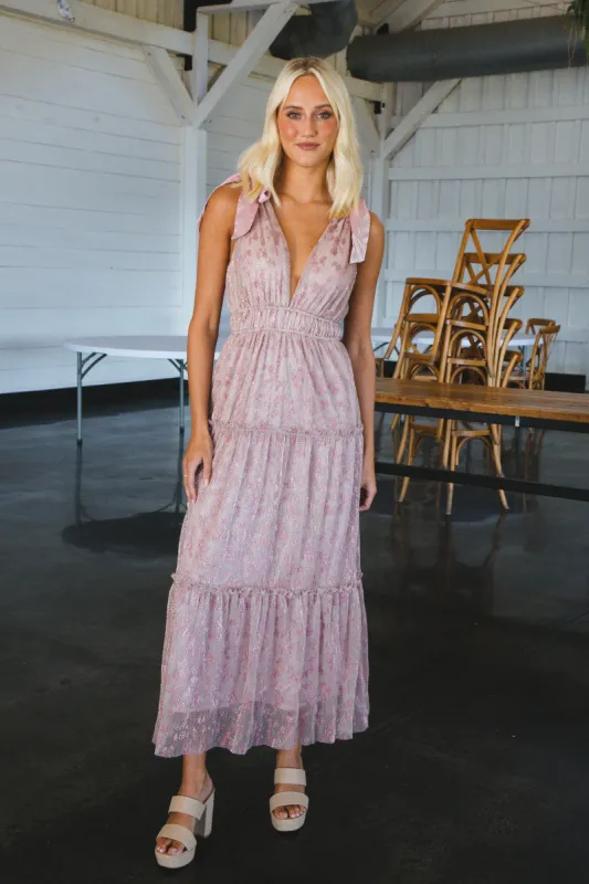 Entrez Metallic Maxi Dress, Pink Silver sold by North & Main Clothing Company