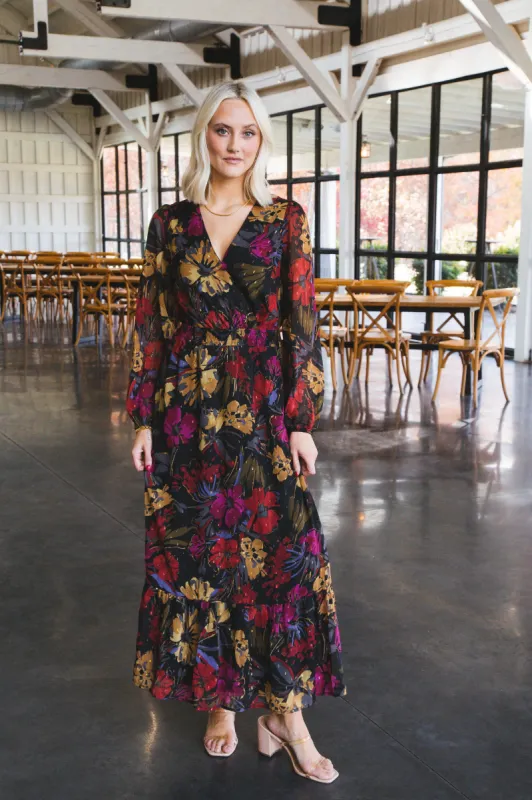 Among the Stars Surplice Maxi Dress, Black Multi | Sadie & Sage made by Sadie & Sage