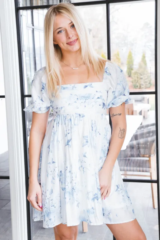 Aurora Floral Babydoll Mini Dress, Chambray Multi sold by North & Main Clothing Company