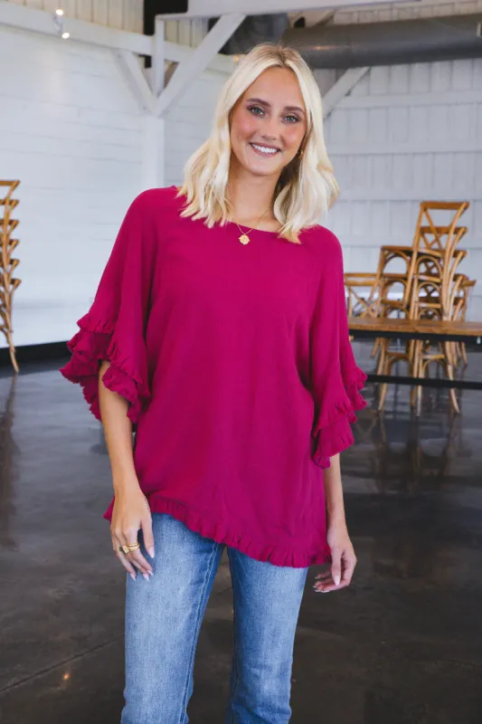 Margot Frayed Linen Top, Ruby | Extended Sizes sold by North & Main Clothing Company