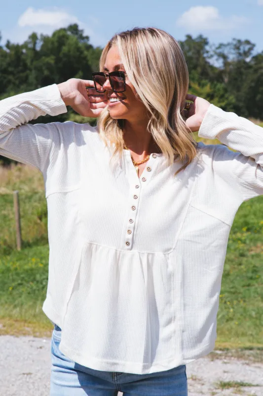Polina Waffle Knit Henley Top, Cream sold by North & Main Clothing Company